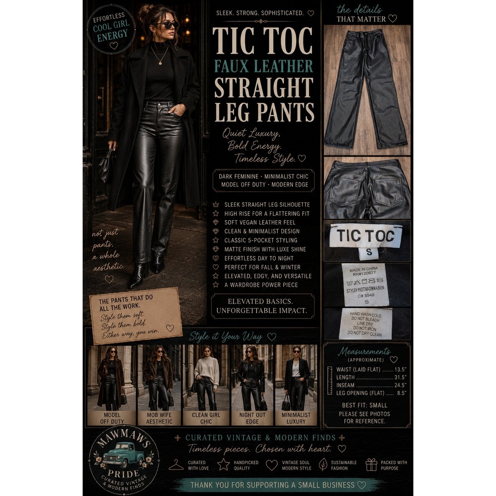 TIC TOC Faux Leather Straight Leg Pants Quiet Luxury Mob Wife Chic S High Rise